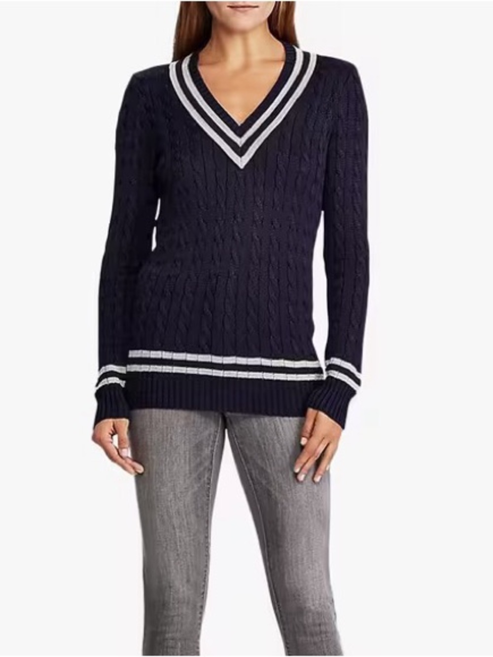 Lauren Ralph Lauren Metallic Cricket Sweater Navy Silver Preppy Knit Size XS
